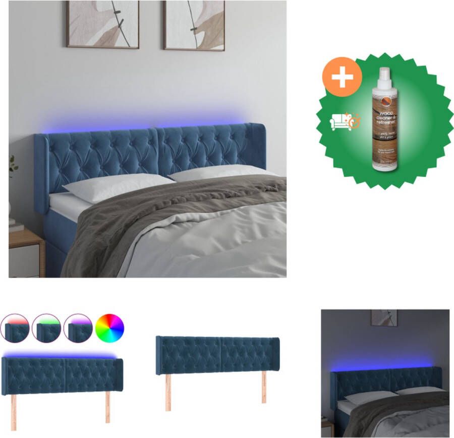 VidaXL Hoofdbord Donkerblauw LED-verlichting Verstelbare hoogte Zacht fluweel 163x16x78 88 cm Bedonderdeel Inclusief Houtreiniger en verfrisser