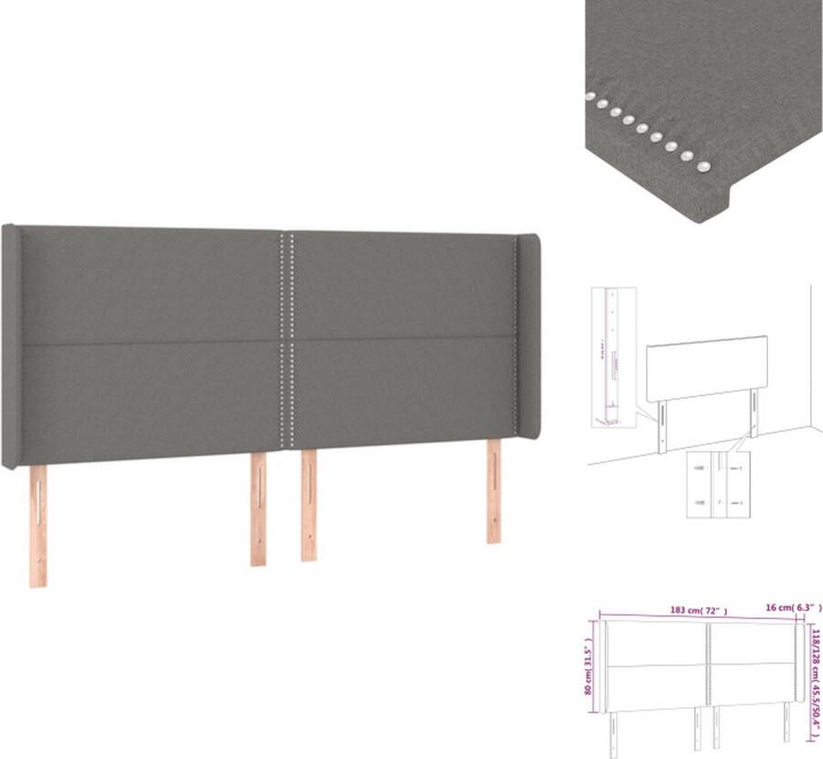 VidaXL Hoofdbord Hoofdborden Hoofdeinde Houten Hoofdbord met randen 183x16x118 128 cm stof donkergrijs - Foto 2