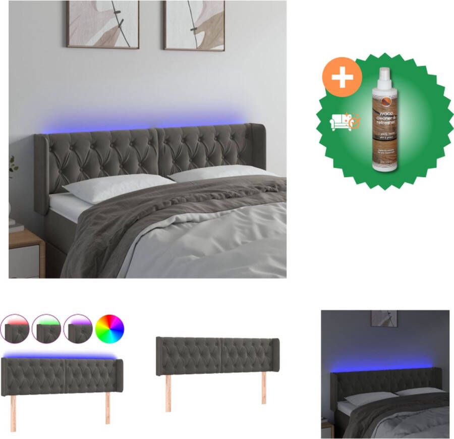 VidaXL Hoofdbord Donkergrijs Fluweel Verstelbare Hoogte Comfortabele Ondersteuning Snijdbare LED-strip 163x16x78 88cm Bedonderdeel Inclusief Houtreiniger en verfrisser