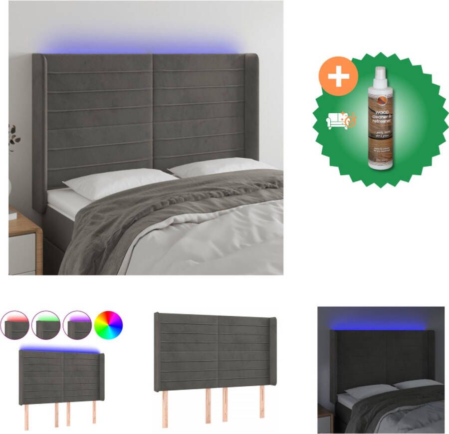 VidaXL Hoofdbord Donkergrijs Fluwelen Stof Verstelbare Hoogte Comfortabele Ondersteuning Snijdbare LED-strip 147x16x118 128 cm Bedonderdeel Inclusief Houtreiniger en verfrisser