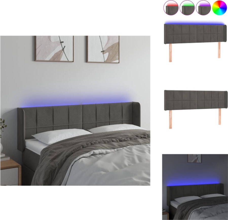 VidaXL Hoofdbord Donkergrijs LED-fluwelen Stof Verstelbaar Comfortabele Ondersteuning Snijdbare LED-strip 147x16x78 88 cm IP65 2 LED-strips Bedonderdeel