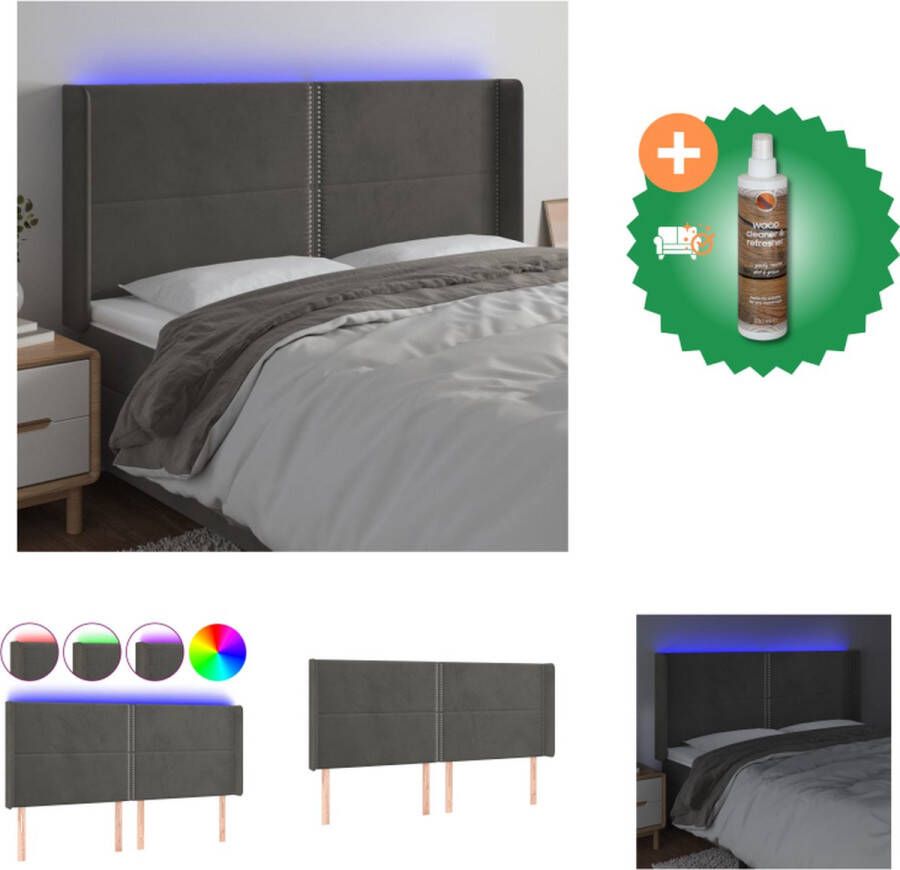 VidaXL Hoofdbord Donkergrijs LED-verlichting Verstelbare hoogte Fluweel 203x16x118 128cm Bedonderdeel Inclusief Houtreiniger en verfrisser