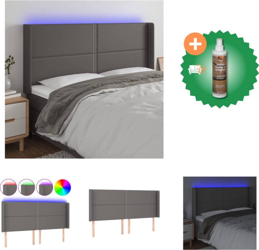 VidaXL Hoofdbord LED Grijs Kunstleer 203x16x118 128 Verstelbaar Duurzaam Kleurrijke LED Bedonderdeel Inclusief Houtreiniger en verfrisser