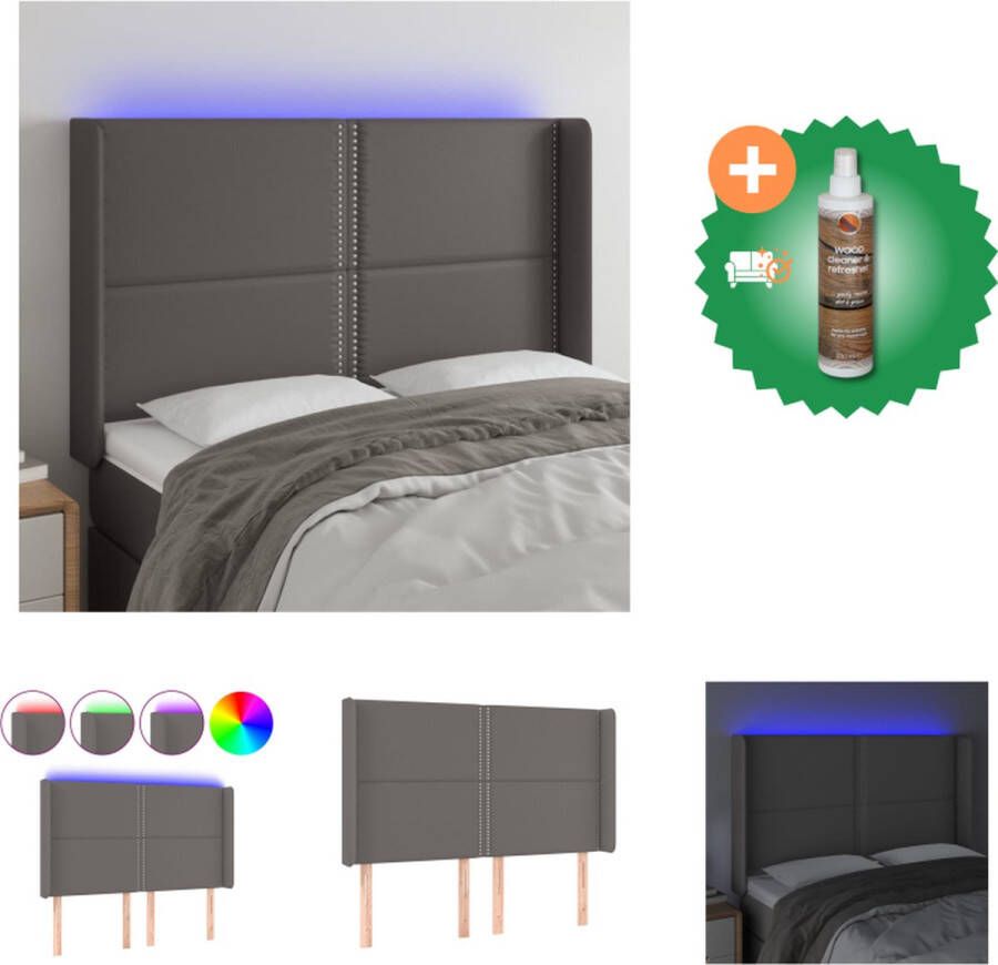 VidaXL Hoofdbord LED 147x16x118 128 cm kunstleer grijs Bedonderdeel Inclusief Houtreiniger en verfrisser