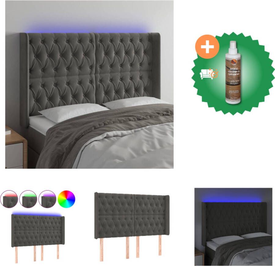 VidaXL Hoofdbord LED 163x16x118 128 cm donkergrijs fluweel LED-verlichting Verstelbaar Bedonderdeel Inclusief Houtreiniger en verfrisser