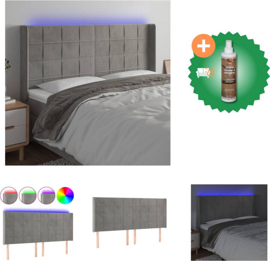 VidaXL Hoofdbord LED 183x16x118 128 cm Lichtgrijs Verstelbaar Zacht fluweel Kleurrijke LED-verlichting Bedonderdeel Inclusief Houtreiniger en verfrisser