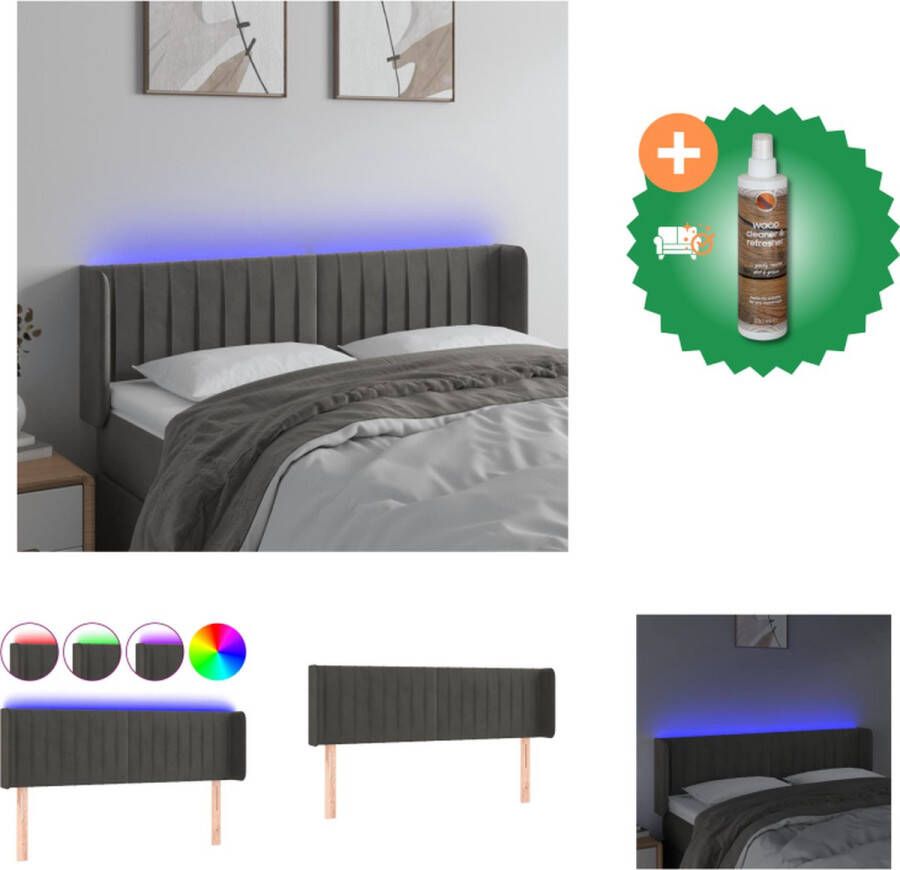 VidaXL Hoofdbord LED donkergrijs verstelbaar 147 x 16 x 78 88 cm fluweel kleurrijke LED-verlichting Bedonderdeel Inclusief Houtreiniger en verfrisser