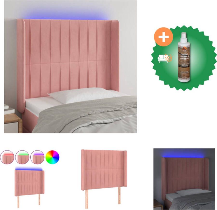 VidaXL hoofdbord LED fluweel verstelbare hoogte comfortabele ondersteuning snijdbare LED-strip roze 93x16x118 128 cm IP65 Bedonderdeel Inclusief Houtreiniger en verfrisser
