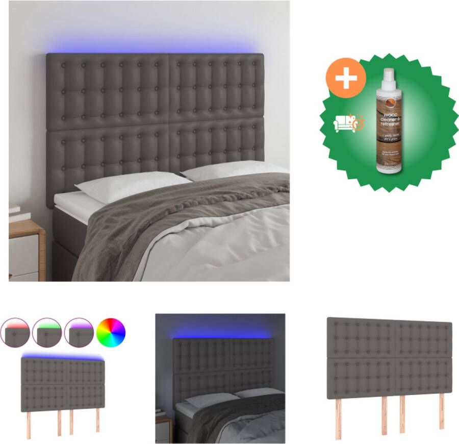 VidaXL Hoofdbord LED Grijs 144 x 5 x 118 128 cm Kunstleer Verstelbaar Kleurrijke LED-verlichting Bedonderdeel Inclusief Houtreiniger en verfrisser
