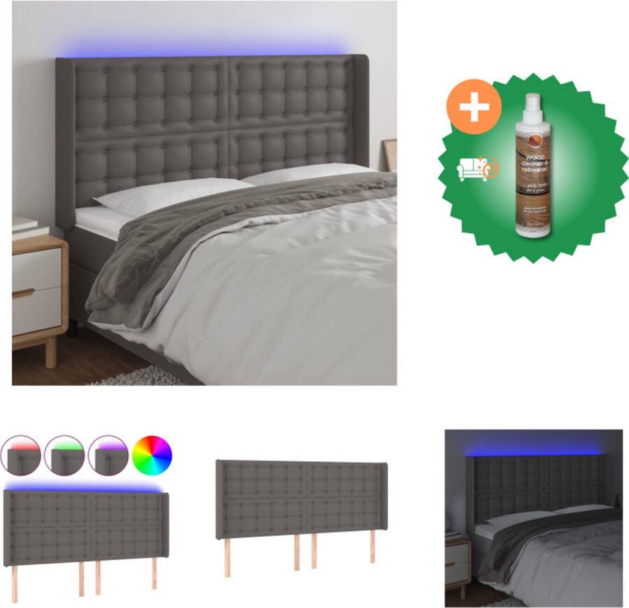 VidaXL Hoofdbord LED-grijs Kunstleer 183 x 16 x 118 128 cm Verstelbaar Bedonderdeel Inclusief Houtreiniger en verfrisser