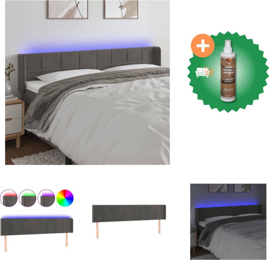 VidaXL Hoofdbord LED-hoofdbord Donkergrijs Zacht fluweel Verstelbaar Comfortabele ondersteuning Snijdbare LED-strip 163x16x78 88 cm IP65 2 LED-strips Bedonderdeel Inclusief Houtreiniger en verfrisser