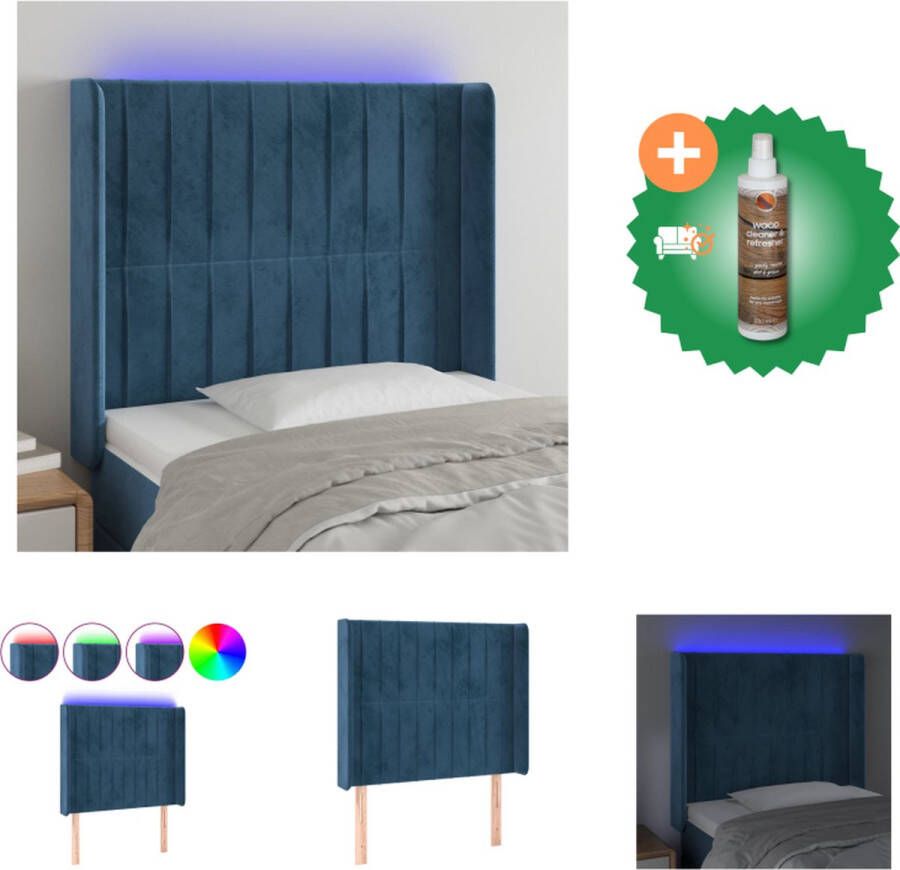 VidaXL Hoofdbord LED Hoofdeinde Afmeting- 93x16x118 128 cm Kleur- Donkerblauw Materiaal- Stof bewerkt hout massief larikshout Ken- Verstelbare hoogte Bedonderdeel Inclusief Houtreiniger en verfrisser