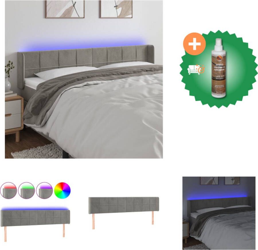 VidaXL Hoofdbord LED Licht Fluweel 163 x 16 x 78 88 cm Verstelbaar Lichtgrijs Bedonderdeel Inclusief Houtreiniger en verfrisser