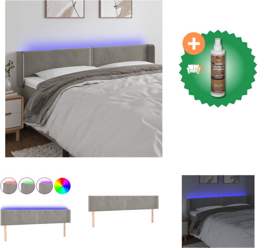 VidaXL Hoofdbord LED Lichtgrijs 183 x 16 x 78 88 cm Verstelbaar Zacht fluweel Kleurrijke LED-verlichting Snijdbare LED-strip Inclusief montagehandleiding USB-aansluiting Bedonderdeel Inclusief Houtreiniger en verfrisser
