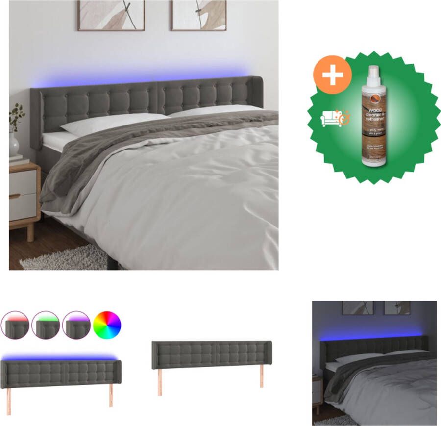 VidaXL Hoofdbord LED Verstelbaar Donkergrijs 163x16x78 88 cm -Fluweel Kleurrijke LED-verlichting Snijdbare LED-strip USB-aansluiting Bedonderdeel Inclusief Houtreiniger en verfrisser