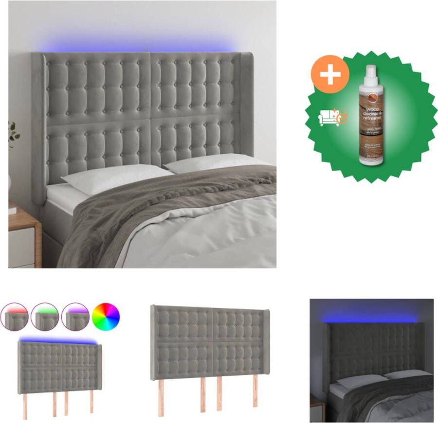 VidaXL Hoofdbord LED Verstelbaar Fluweel Lichtgrijs 147x16x118 128 cm USB aansluiting Bedonderdeel Inclusief Houtreiniger en verfrisser