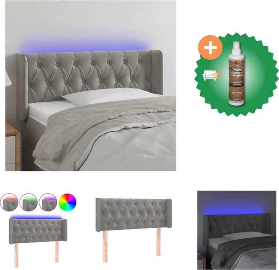 VidaXL Hoofdbord LED Verstelbaar Zacht fluweel Kleurrijke verlichting 103 x 16 x 78 88 cm Lichtgrijs Bedonderdeel Inclusief Houtreiniger en verfrisser