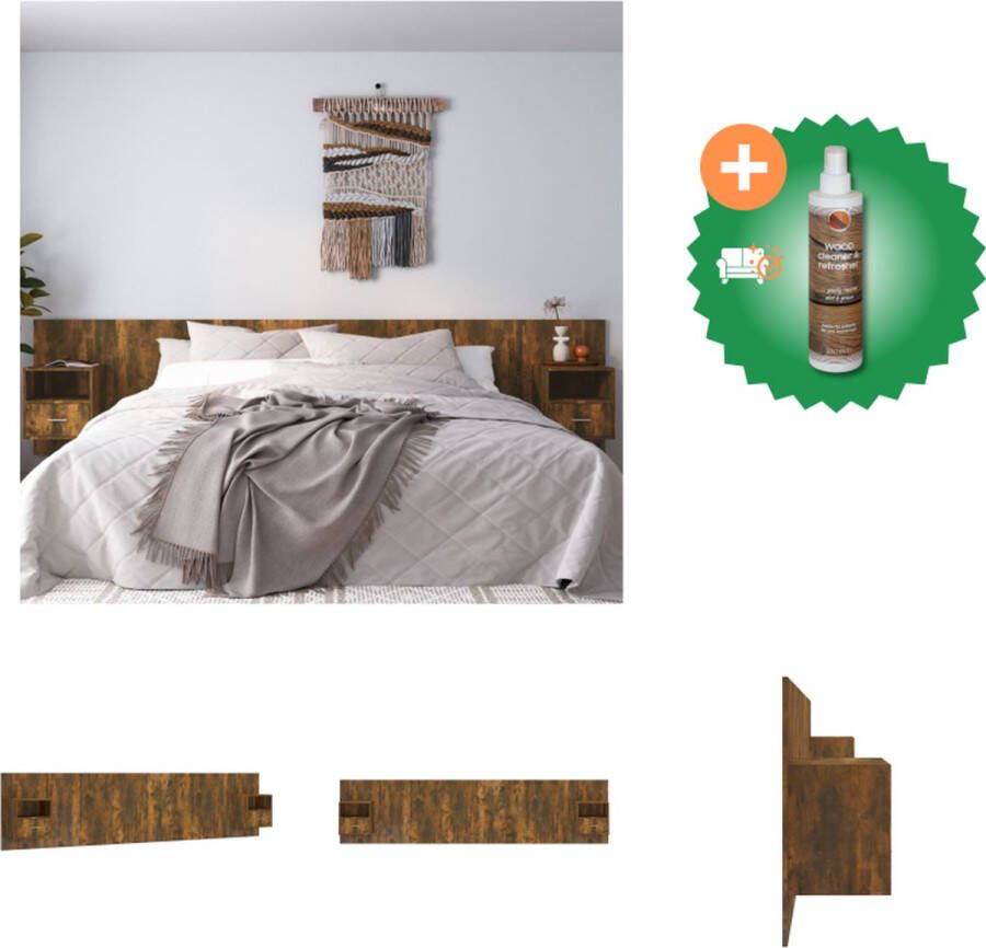 VidaXL Nachtkastje en Hoofdbord Gerookt Eiken Opbergruimte Wandmontage Bewerkt Hout 48.5 x 32.5 x 80 cm Montage vereist Levering bevat 2 x Nachtkastje 1 x Hoofdbord Bedonderdeel Inclusief Houtreiniger en verfrisser