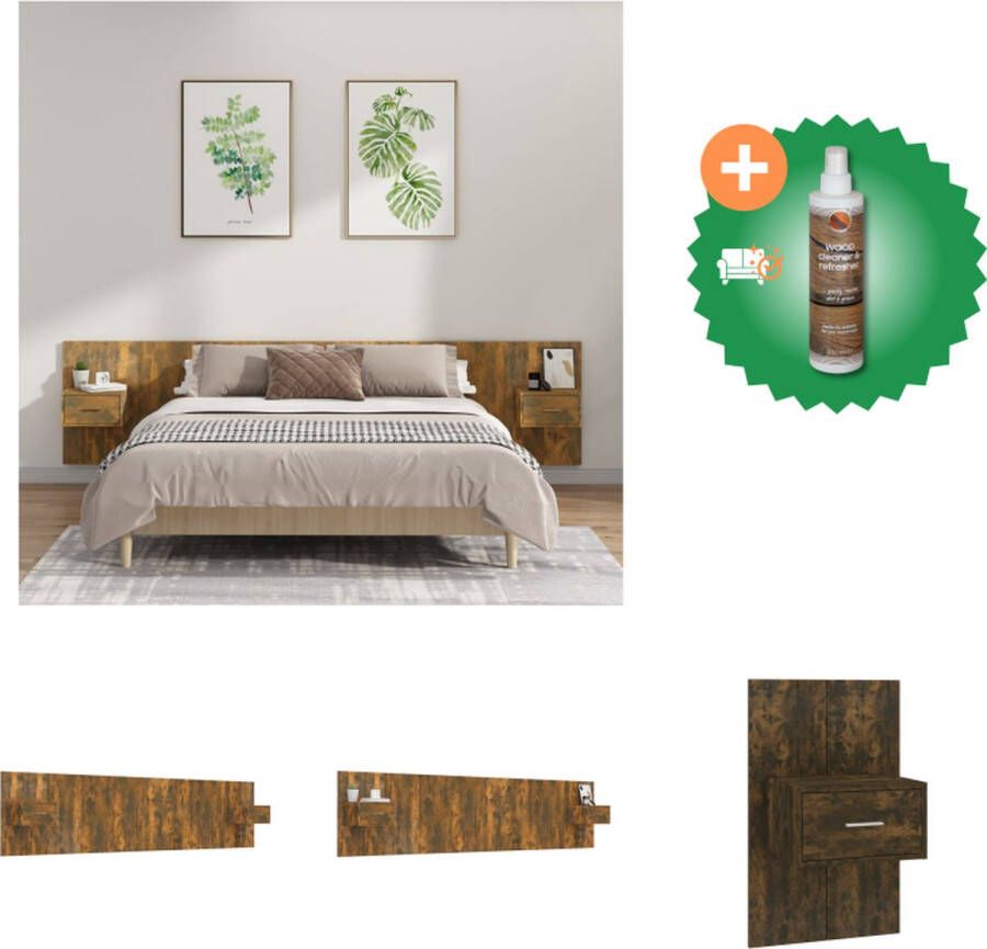 VidaXL Hoofdbord met kastjes Gerookt eiken 240 x 1.5 x 80 cm Wandmontage Opbergruimte Montage vereist 2 x nachtkastje Bedonderdeel Inclusief Houtreiniger en verfrisser