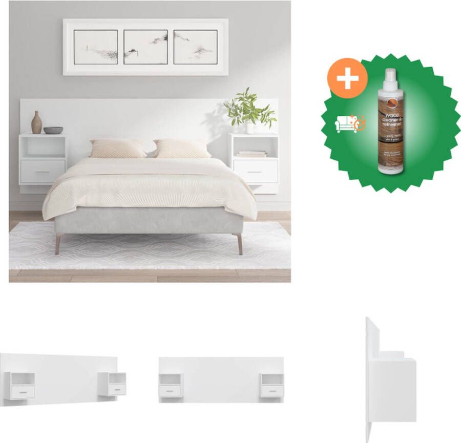 VidaXL Hoofdbord Bed Klassiek Design Stevig Materiaal Wandmontage Opbergruimte Kleur- Wit Afmetingen- 240x1.5x80cm Inclusief- 2x Nachtkastjes Bedonderdeel Inclusief Houtreiniger en verfrisser