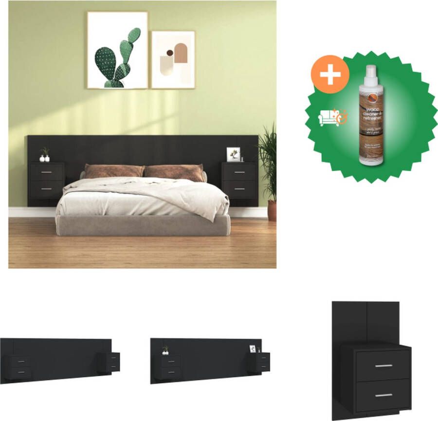VidaXL Nachtkastje en Hoofdbord Zwarte Houten meubelen Wandmontage mogelijk Opbergruimte Stevig materiaal levering bevat 2x nachtkastje en 1x hoofdbord Bedonderdeel Inclusief Houtreiniger en verfrisser - Foto 4
