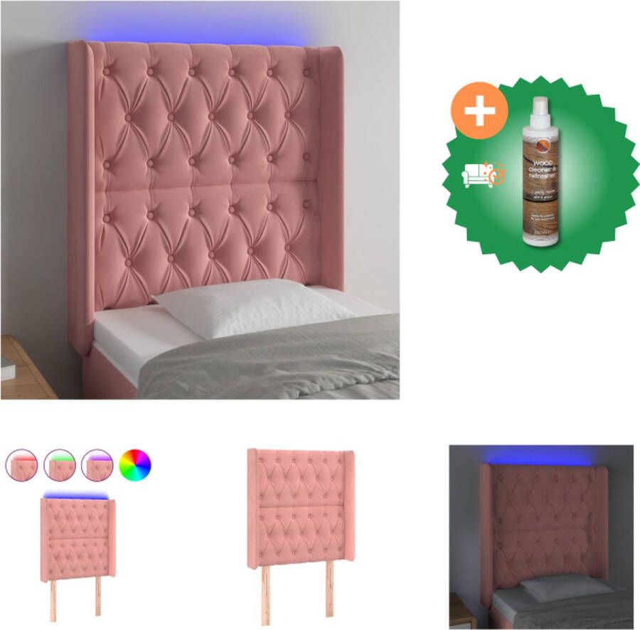 VidaXL Hoofdbord met LED-verlichting Roze Fluweel Verstelbare hoogte Comfortabele ondersteuning Snijdbare LED-strip 83x16x118 128 cm Bedonderdeel Inclusief Houtreiniger en verfrisser