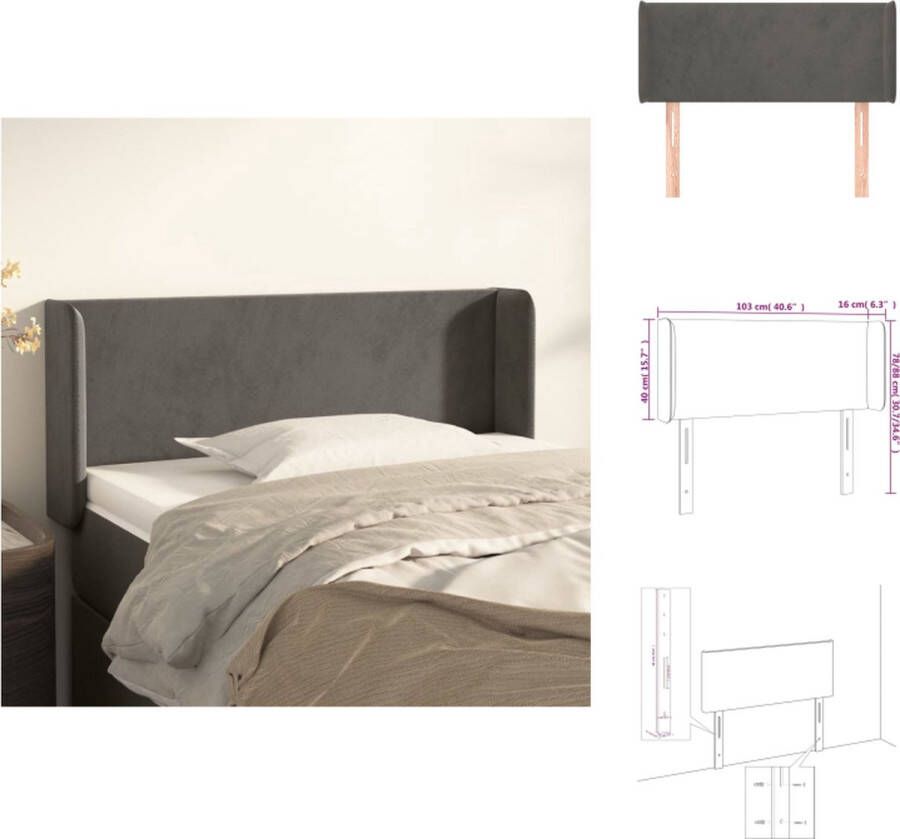 VidaXL Hoofdbord Met Opvallend Zacht Fluweel Verstelbare Hoogte Stevige Houten Poten Comfortabele Rugondersteuning Kleur- Donkergrijs Afmetingen- 103 x 16 x 78 88 cm Bedonderdeel - Foto 3