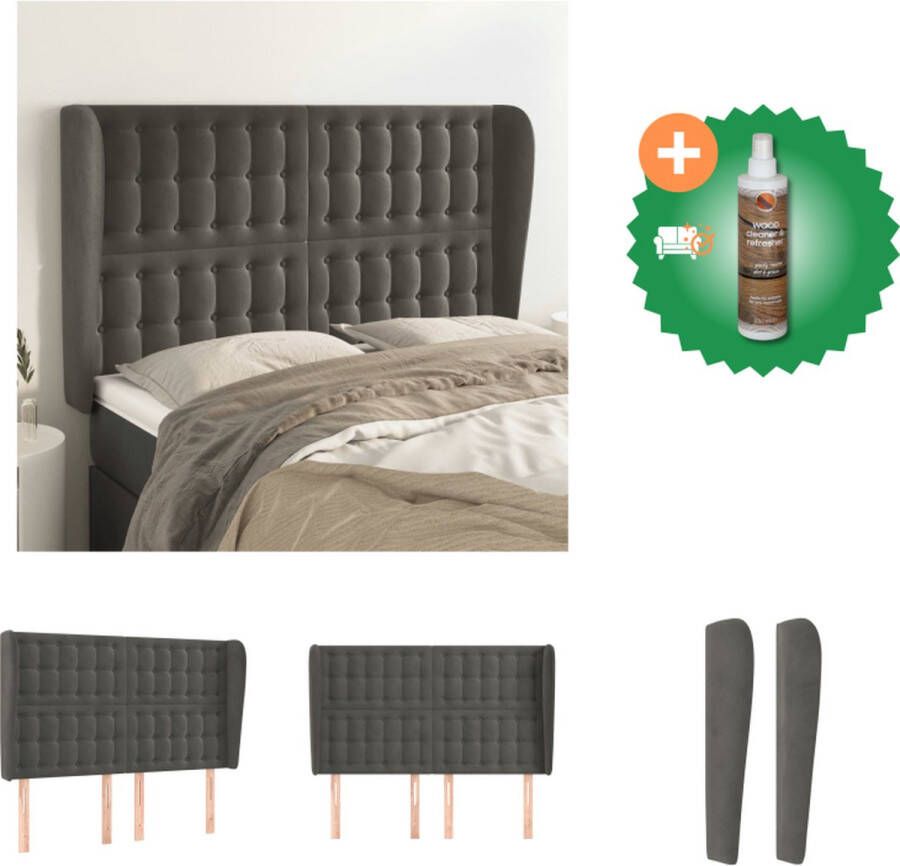 VidaXL Hoofdbord Trendy Donkergrijs 147 x 23 x 118 128 cm Fluweel Houten Poten Verstelbare Hoogte Bedonderdeel Inclusief Houtreiniger en verfrisser