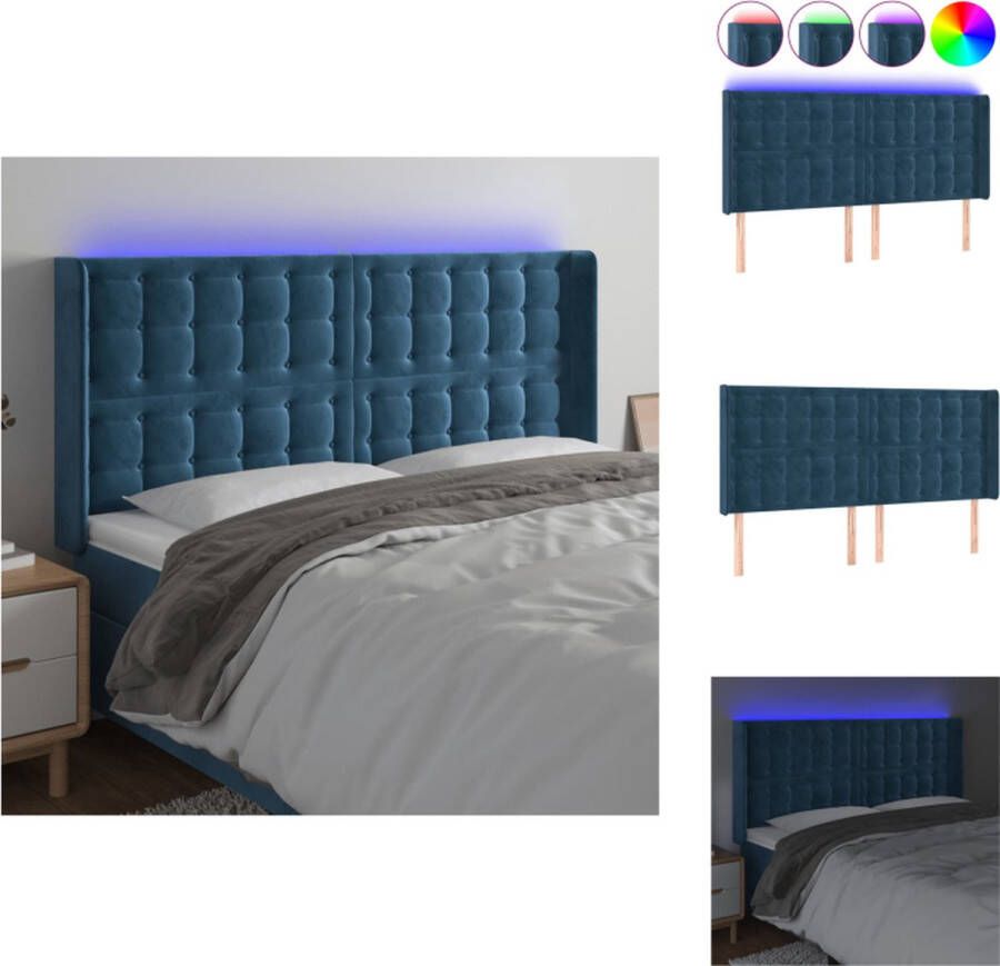 VidaXL Hoofdbord Verstelbaar 163 x 16 x 118 128 cm Donkerblauw LED-fluwelen stof Kleurrijke LED-verlichting Bedonderdeel