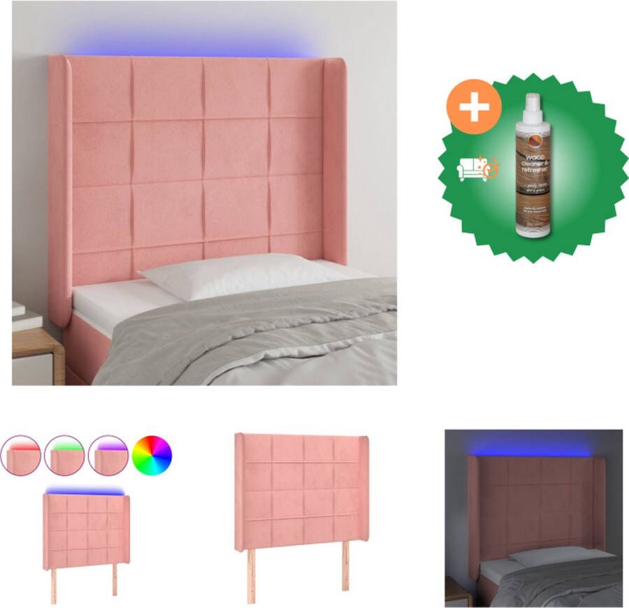 VidaXL Hoofdbord Zacht fluweel Kleurrijke LED-verlichting Verstelbare hoogte Comfortabele ondersteuning Snijdbare LED-strip Roze 103x16x118 128 cm USB-aansluiting Bedonderdeel Inclusief Houtreiniger en verfrisser