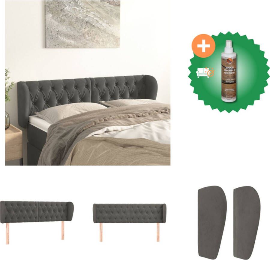 VidaXL Hoofdbord Zacht fluweel Stevige houten poten Verstelbare hoogte Comfortabele ondersteuning Donkergrijs 147 x 23 x 78 88 cm Bedonderdeel Inclusief Houtreiniger en verfrisser