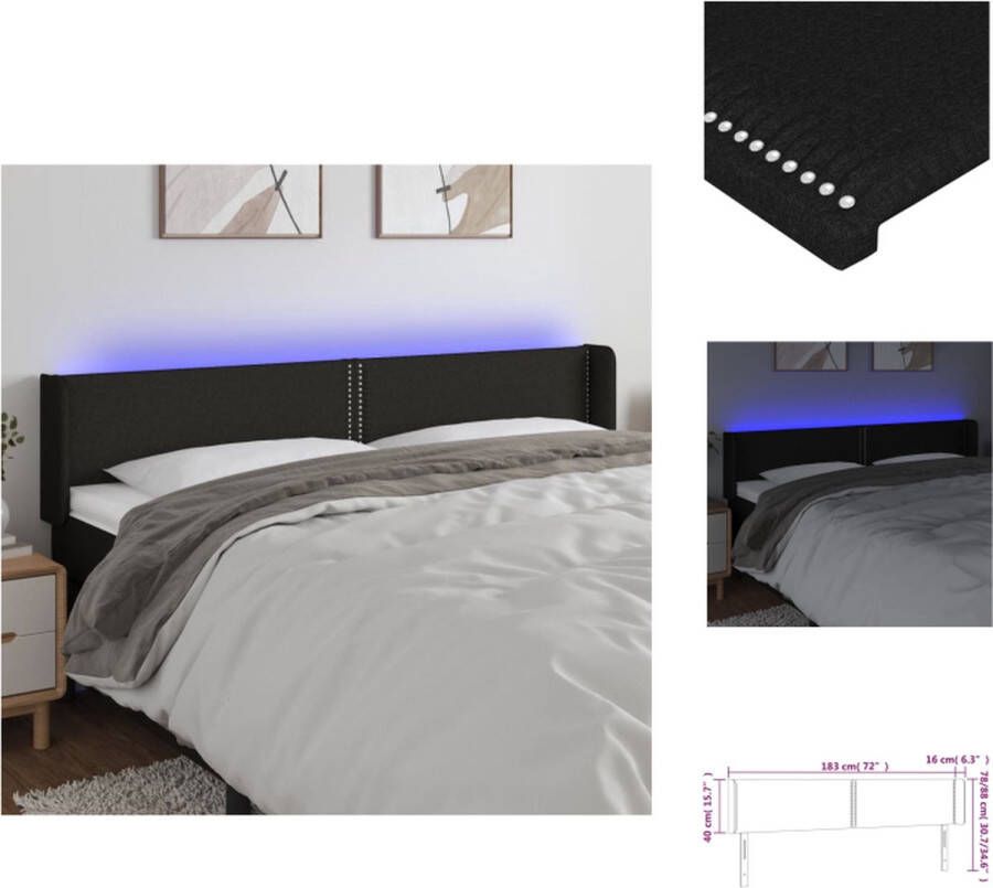 VidaXL Hoofdbord Zwarte stof 183 x 16 x 78 88 cm Verstelbare hoogte LED-verlichting Duurzaam materiaal Inclusief montagehandleiding USB-aansluiting Bedonderdeel