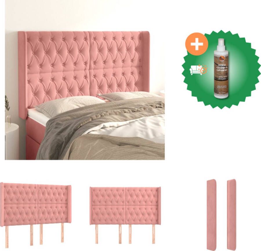 vidaXL Hoofdeind Bed Ondersteuning Roze 163 x 16 x 118 128 cm Fluwelen Stof Bedonderdeel Inclusief Houtreiniger en verfrisser
