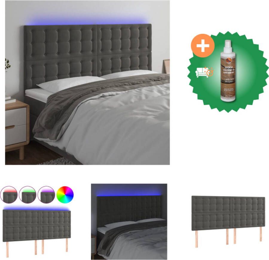VidaXL Hoofdeind Donkergrijs LED Fluwelen Hoofdbord 200x5x118 128cm Verstelbaar USB-Aansluiting Bedonderdeel Inclusief Houtreiniger en verfrisser