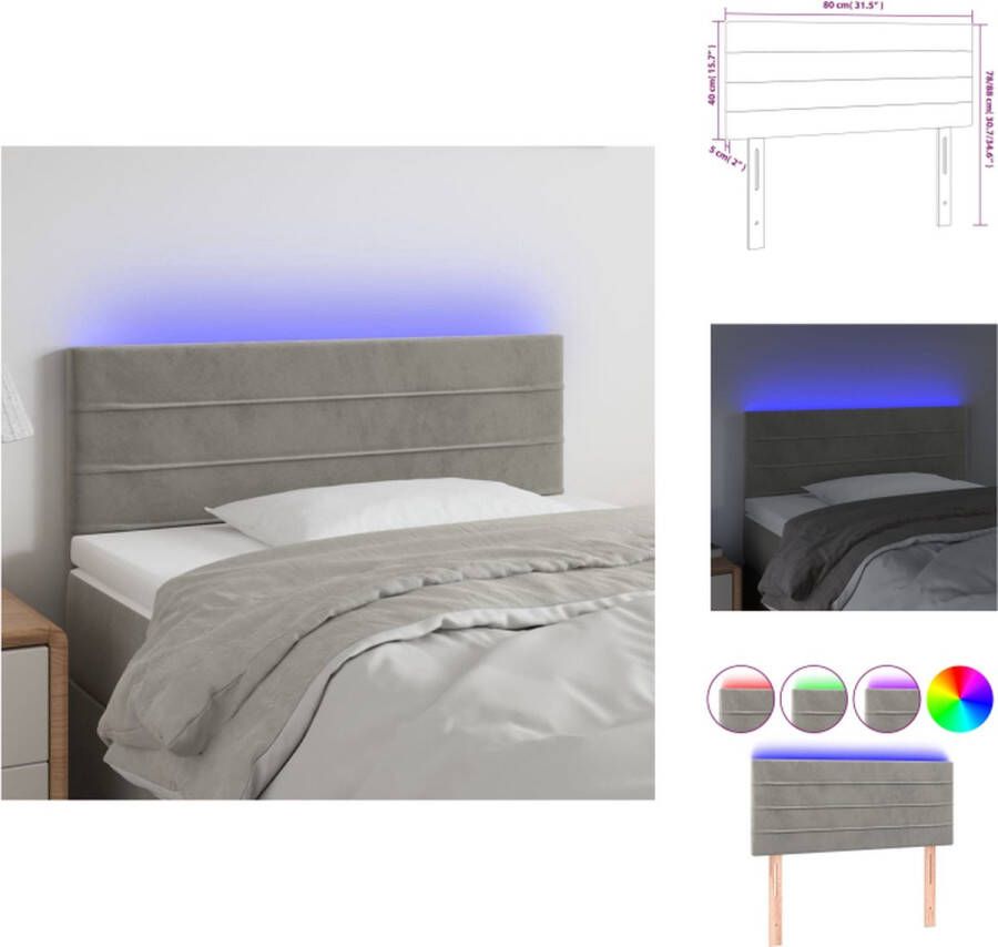 VidaXL Hoofdeinde LED Hoofdbord 80 x 5 x 78 88 cm Lichtgrijs Verstelbaar- Zacht fluweel Kleurrijke LED-verlichting Bedonderdeel - Foto 2