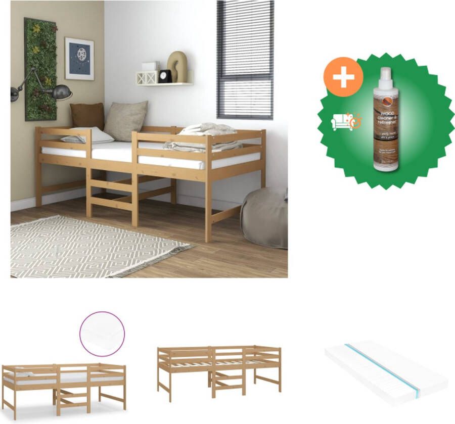 VidaXL Hoogslaper Grenenhout Halfhoog Honingbruin 203.5 x 98 x 80.5 cm Met Wit Matras Bed Inclusief Houtreiniger en verfrisser