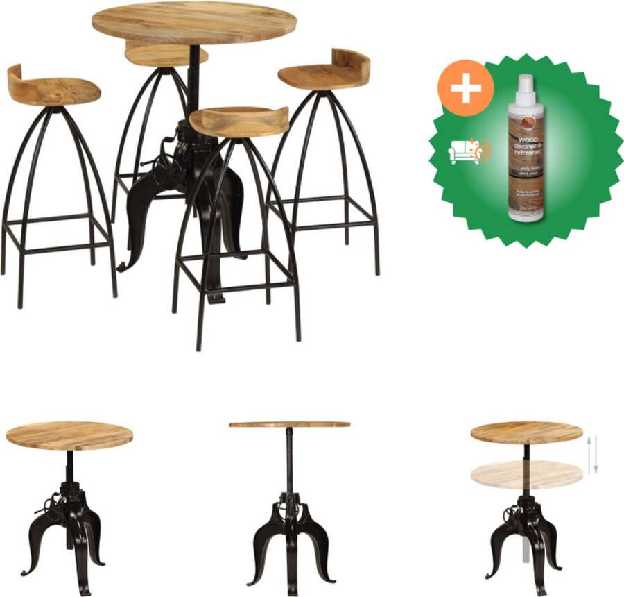 VidaXL Houten barset Massief mangohout Stalen frame Verstelbare tafelhoogte Industriële stijl 1 bartafel 4 barstoelen Set tafel en stoelen Inclusief Houtreiniger en verfrisser