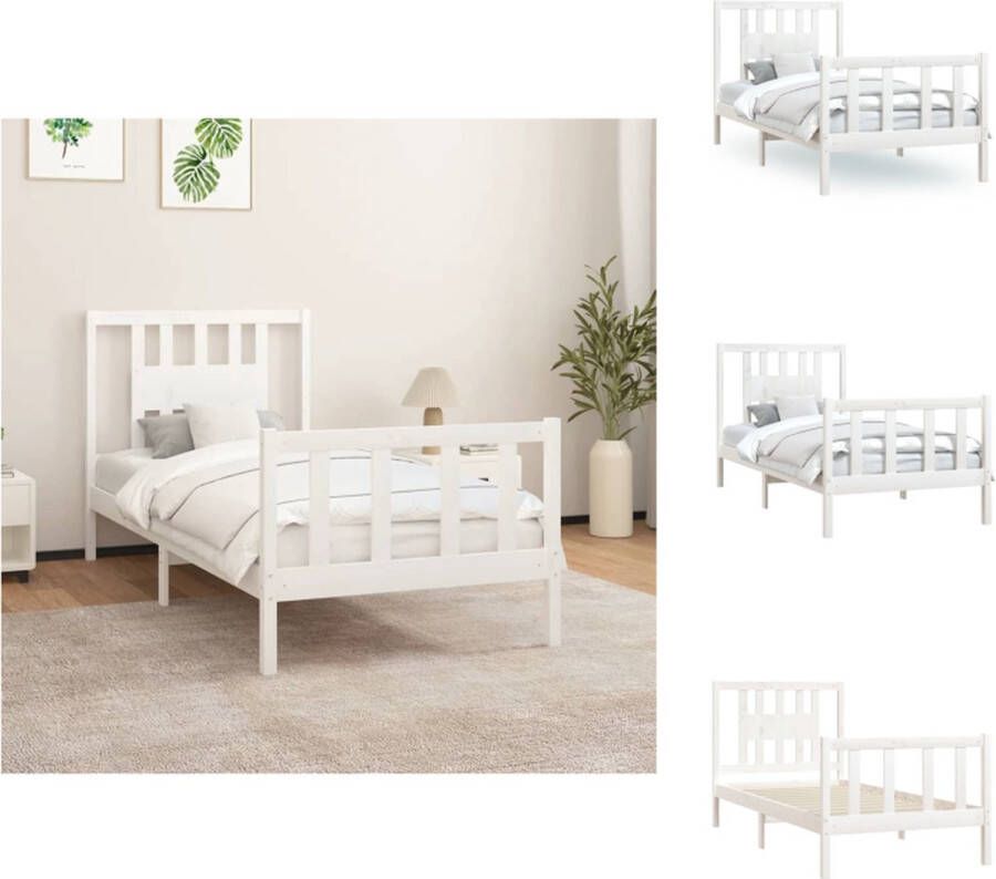 VidaXL Bedframe Bedframes Bed Bedombouw Bedframe met hoofdbord massief hout wit 90x200 cm - Foto 2