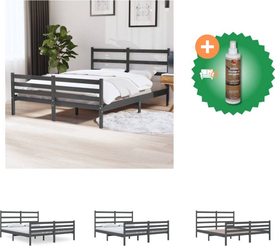 VidaXL Houten Bedframe Classic 135x190 cm Grijs Massief grenenhout Lattenbodem inbegrepen Hoofdeinde voor extra ondersteuning Excl matras 195.5x141x100 cm (LxBxH) Montage vereist Bed Inclusief Houtreiniger en verfrisser - Foto 5