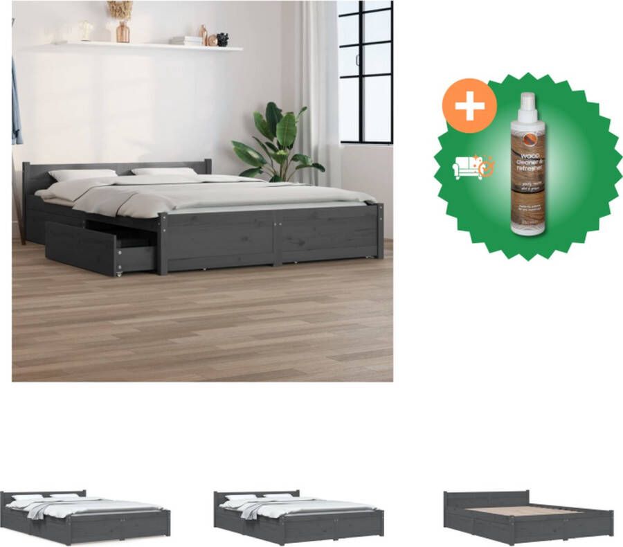 VidaXL Houten Bedframe Grenenhout Opbergfunctie 150 x 200 cm Grijs Bed Inclusief Houtreiniger en verfrisser