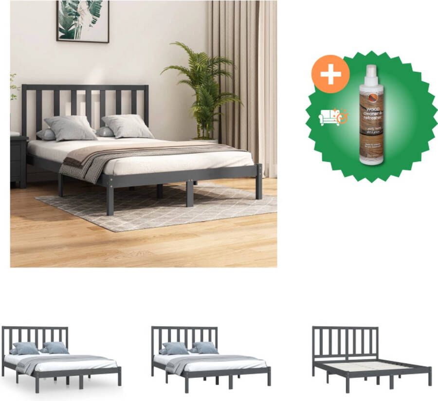 VidaXL Houten Bedframe Classic 135x190 cm Grijs Massief grenenhout Lattenbodem inbegrepen Hoofdeinde voor extra ondersteuning Excl matras 195.5x141x100 cm (LxBxH) Montage vereist Bed Inclusief Houtreiniger en verfrisser - Foto 2