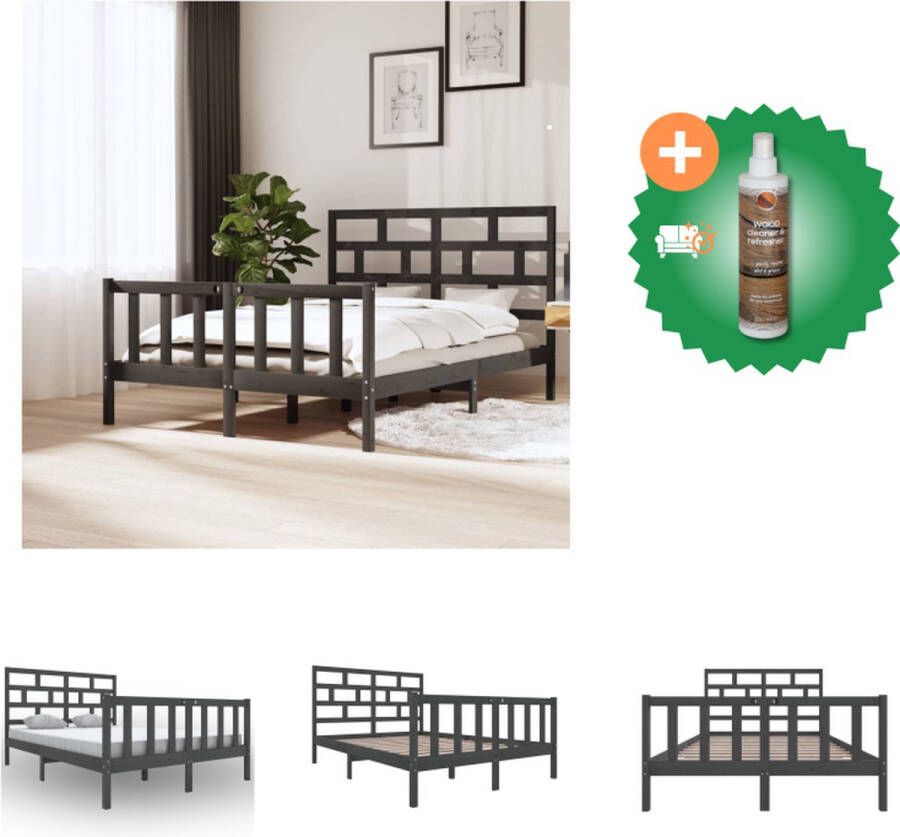 VidaXL Houten Bedframe Grijs 205.5 x 155.5 x 69.5 cm Hoogwaardig Grenenhout Bed Inclusief Houtreiniger en verfrisser - Foto 3