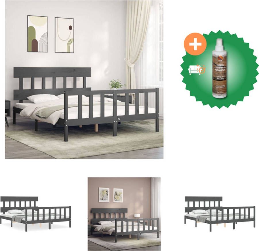 VidaXL Massief Grenenhouten Bedframe Grijs 205.5 x 155.5 x 100 cm Multiplex Lattenbodem Functioneel Hoofd- en Voeteneinde Matras niet inbegrepen Bed Inclusief Houtreiniger en verfrisser - Foto 2