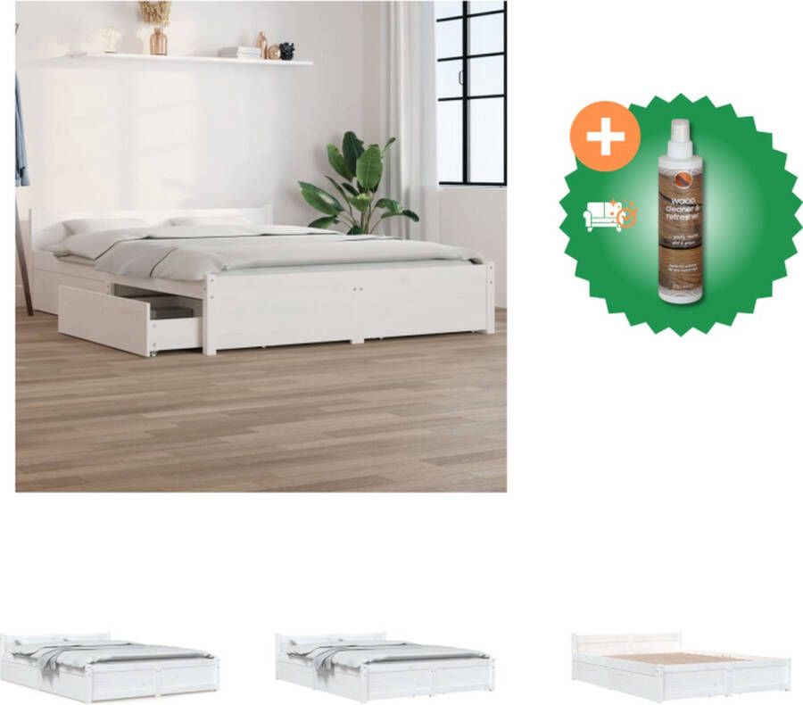VidaXL Houten Bedframe King Size Wit Massief Grenenhout Met Opbergfunctie Bed Inclusief Houtreiniger en verfrisser