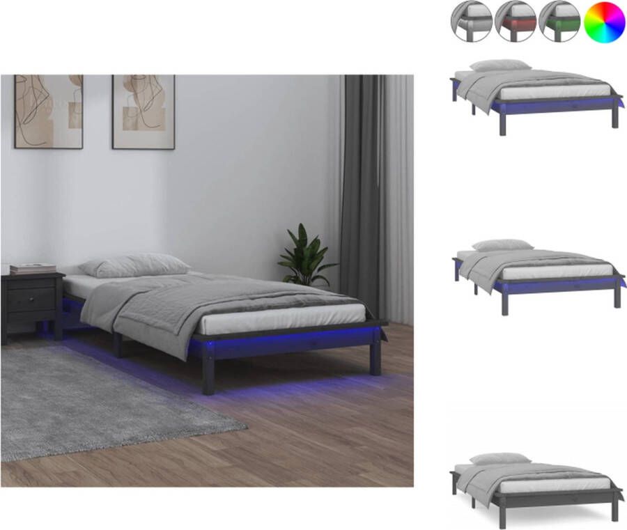 VidaXL Houten Bedframe LED-verlichting Grijs 202 x 101.5 x 26 cm Massief Grenenhout Geschikt voor 90 x 190 cm matras Bed