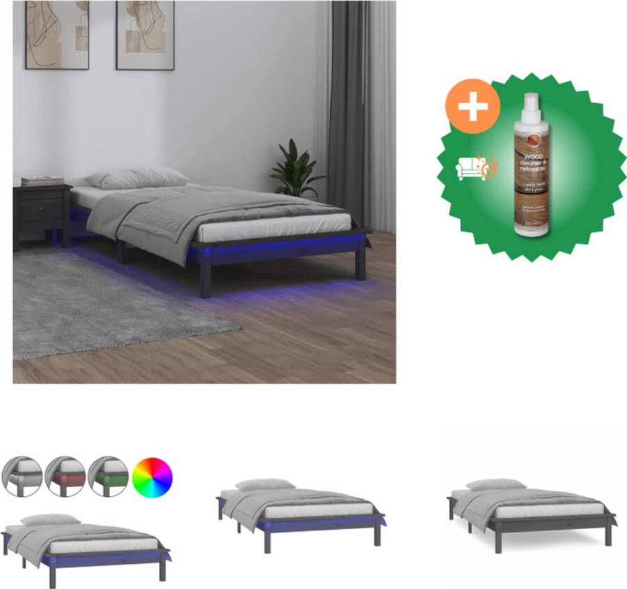 VidaXL Houten Bedframe LED-verlichting Grijs 202 x 101.5 x 26 cm Massief Grenenhout Geschikt voor 90 x 190 cm matras Bed Inclusief Houtreiniger en verfrisser