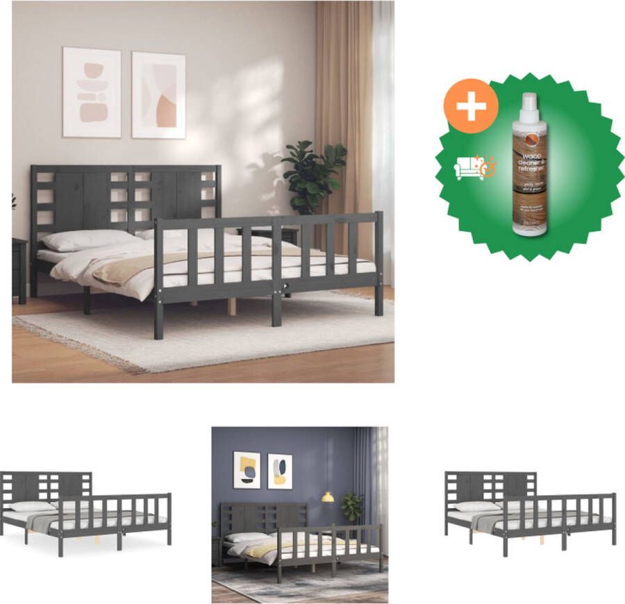 VidaXL Houten Bedframe Massief Grenenhout Grijs 205.5 x 155.5 x 100 cm 150 x 200 cm Multiplex Lattenbodem Bed Inclusief Houtreiniger en verfrisser