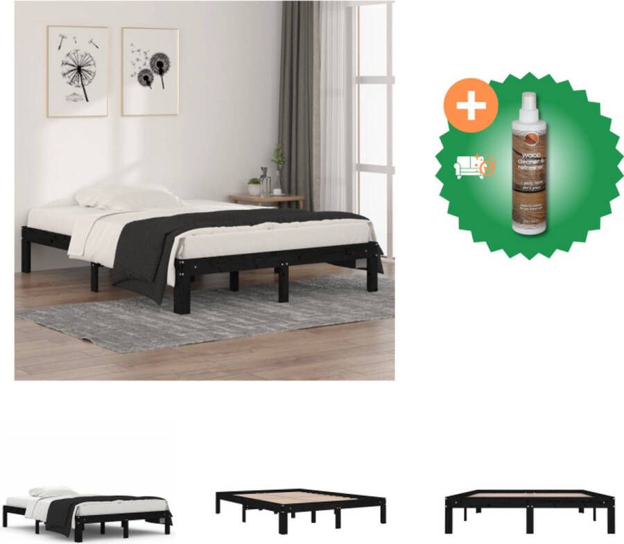 VidaXL Houten Bedframe Massief Grenenhout Stabiel en Decoratief 193.5 x 138.5 x 30 cm Zwart Geschikt voor 135 x 190 cm Matras Bed Inclusief Houtreiniger en verfrisser
