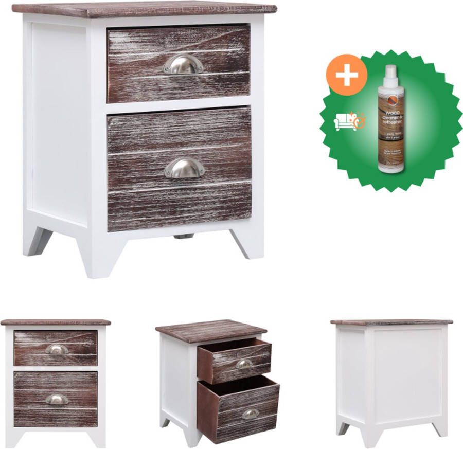 VidaXL Houten Nachtkastje 38x28x45 cm 2 lades Bruin Wit Multiplex Paulowniahout Kast Inclusief Houtreiniger en verfrisser