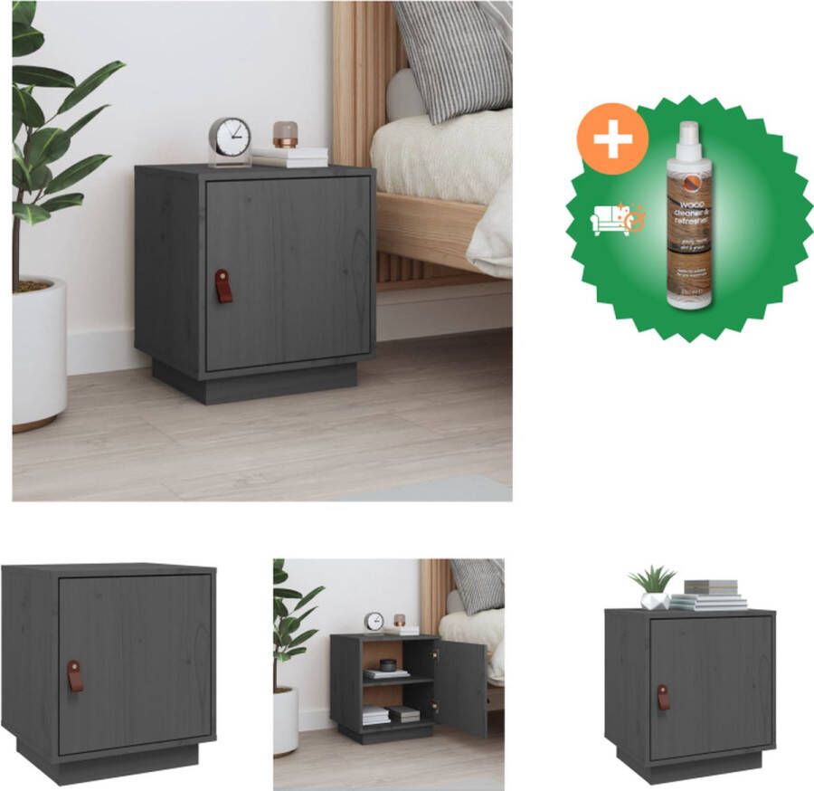 VidaXL Nachtkastje Grenenhout Grijs 40 x 34 x 45 cm Open vak en lade met kunstleren handgreep Kast Inclusief Houtreiniger en verfrisser - Foto 3